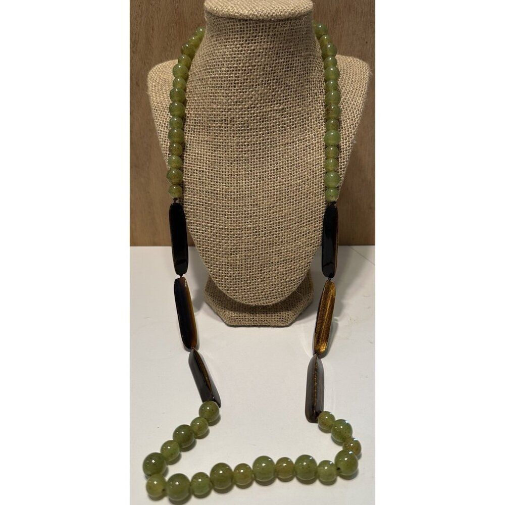 Chico's Faux Jade Beaded Necklace Statement Gold Tone Brown  Boho